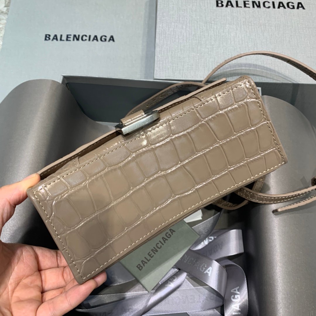 Balenciaga Hourglass 19cm Chain Bag in Back Shiny Crocodile Embossed Leather Coffee