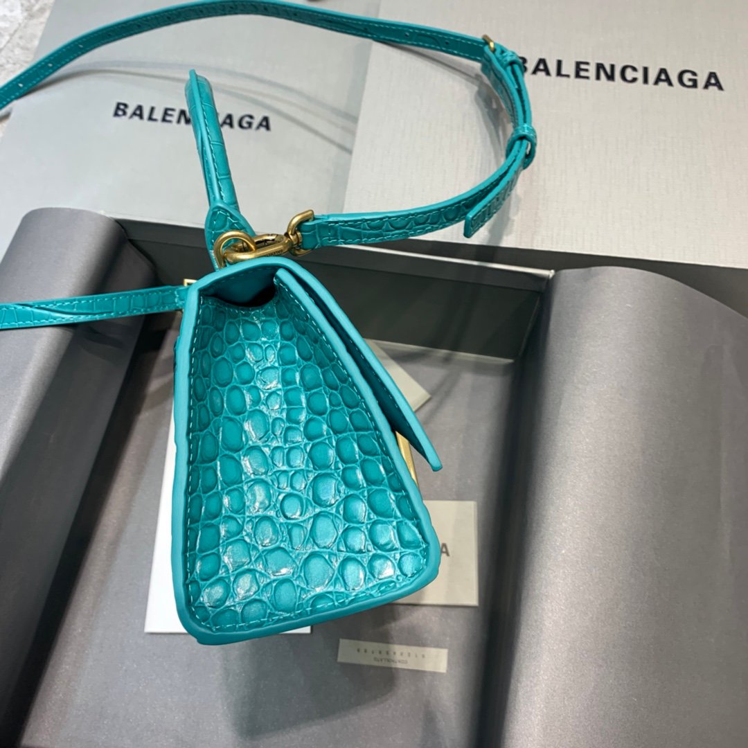 Balenciaga Hourglass 19cm Chain Bag in Shiny Crocodile Embossed Leather Maca Blue