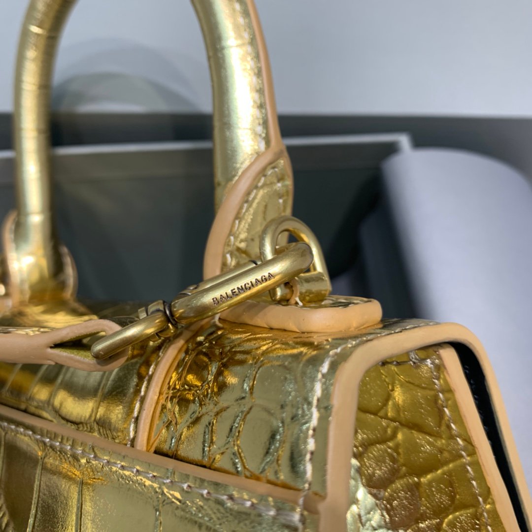 Balenciaga Hourglass 19cm Chain Bag in Shiny Crocodile Embossed Leather Gold