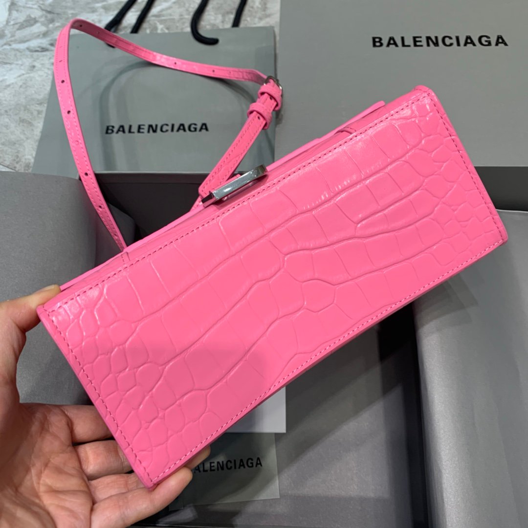 Balenciaga Hourglass 19cm Chain Bag in Shiny Crocodile Embossed Leather Dark Pink