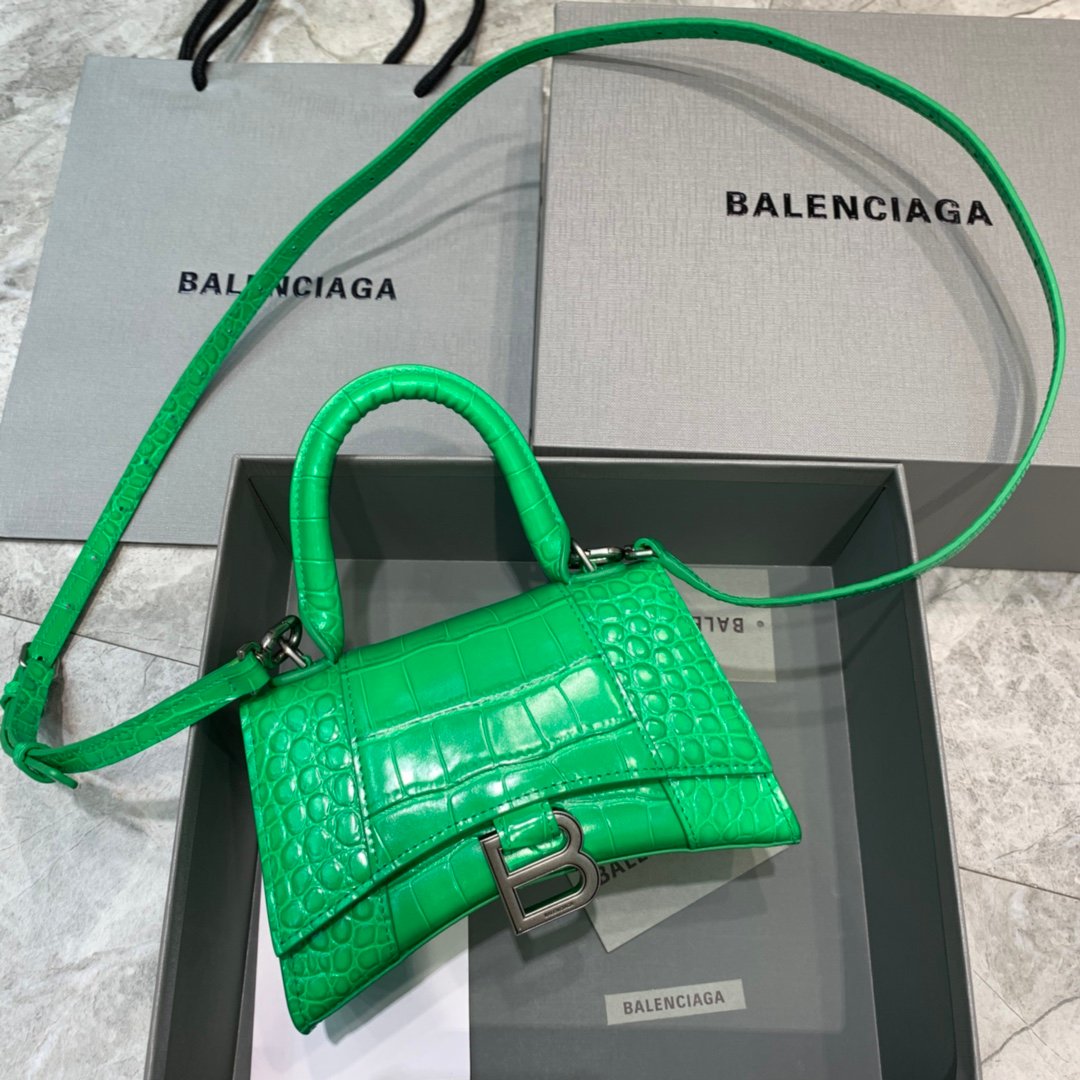 Balenciaga Hourglass 19cm Chain Bag in Back Shiny Crocodile Embossed Leather Green