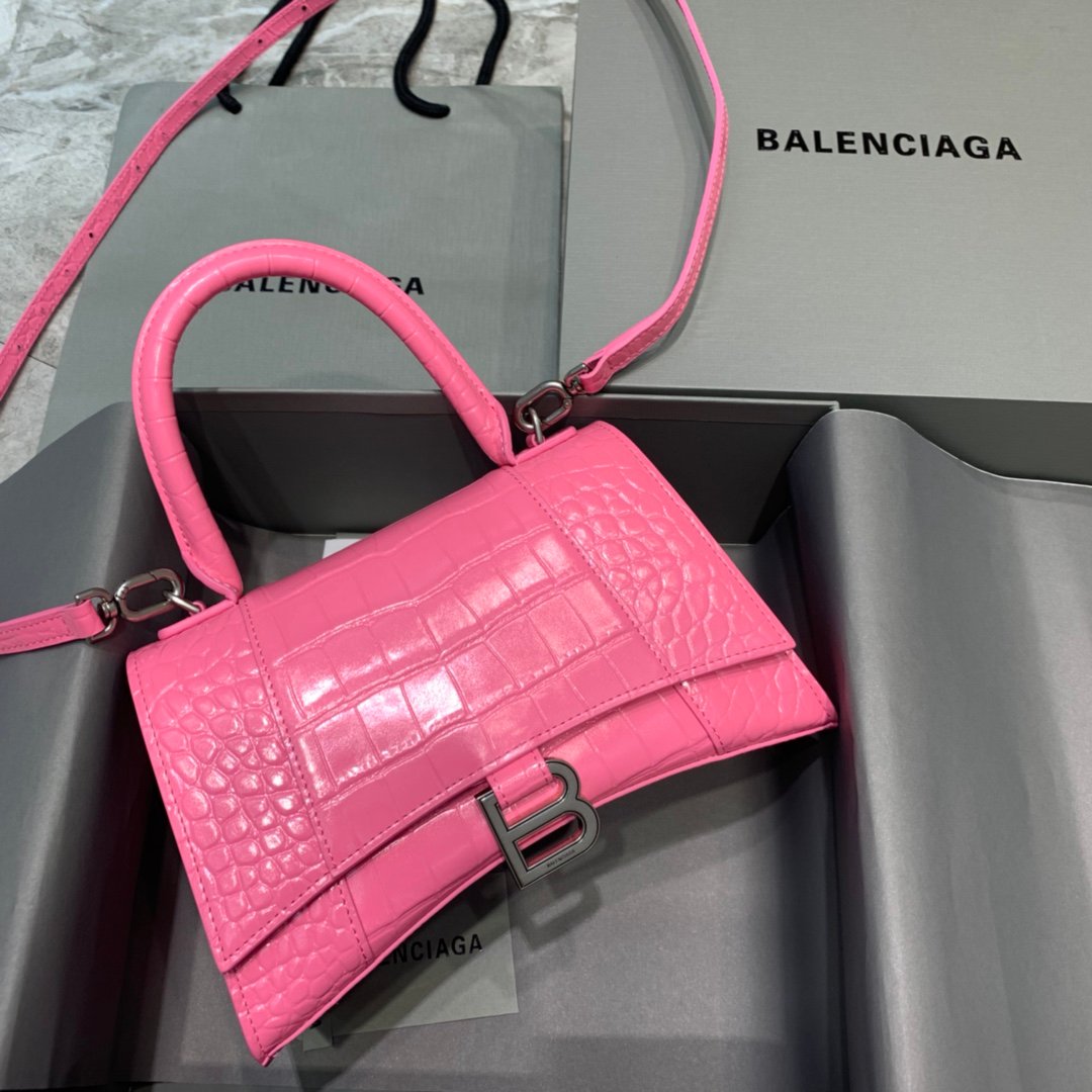 Balenciaga Hourglass 19cm Chain Bag in Shiny Crocodile Embossed Leather Dark Pink