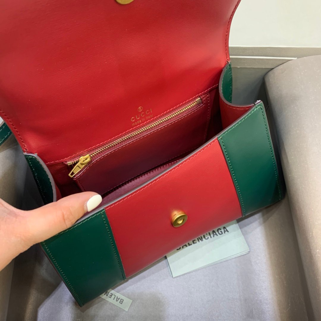 Balenciaga Hourglass 23cm Chain Bag in Shiny Box Calfskin Mint Green with Red