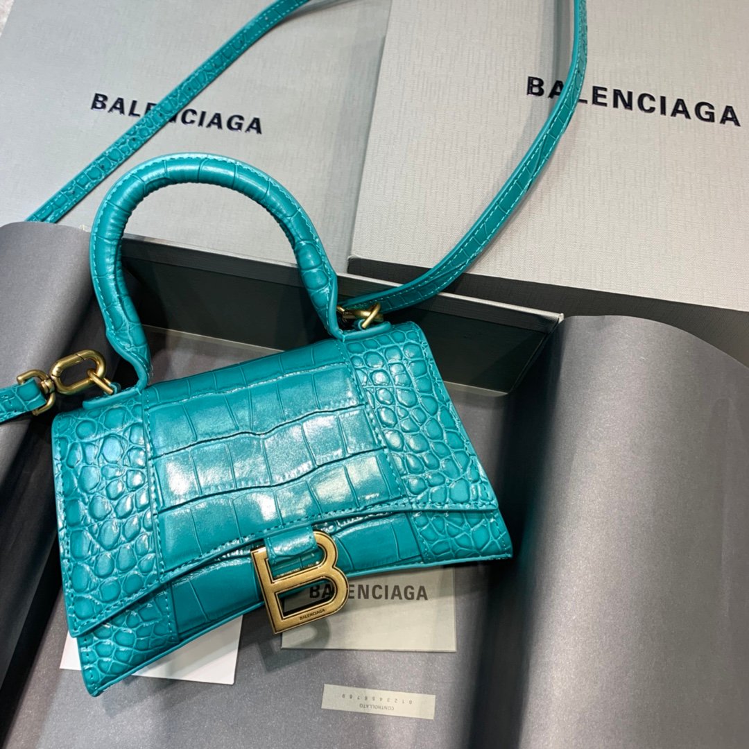 Balenciaga Hourglass 19cm Chain Bag in Shiny Crocodile Embossed Leather Maca Blue