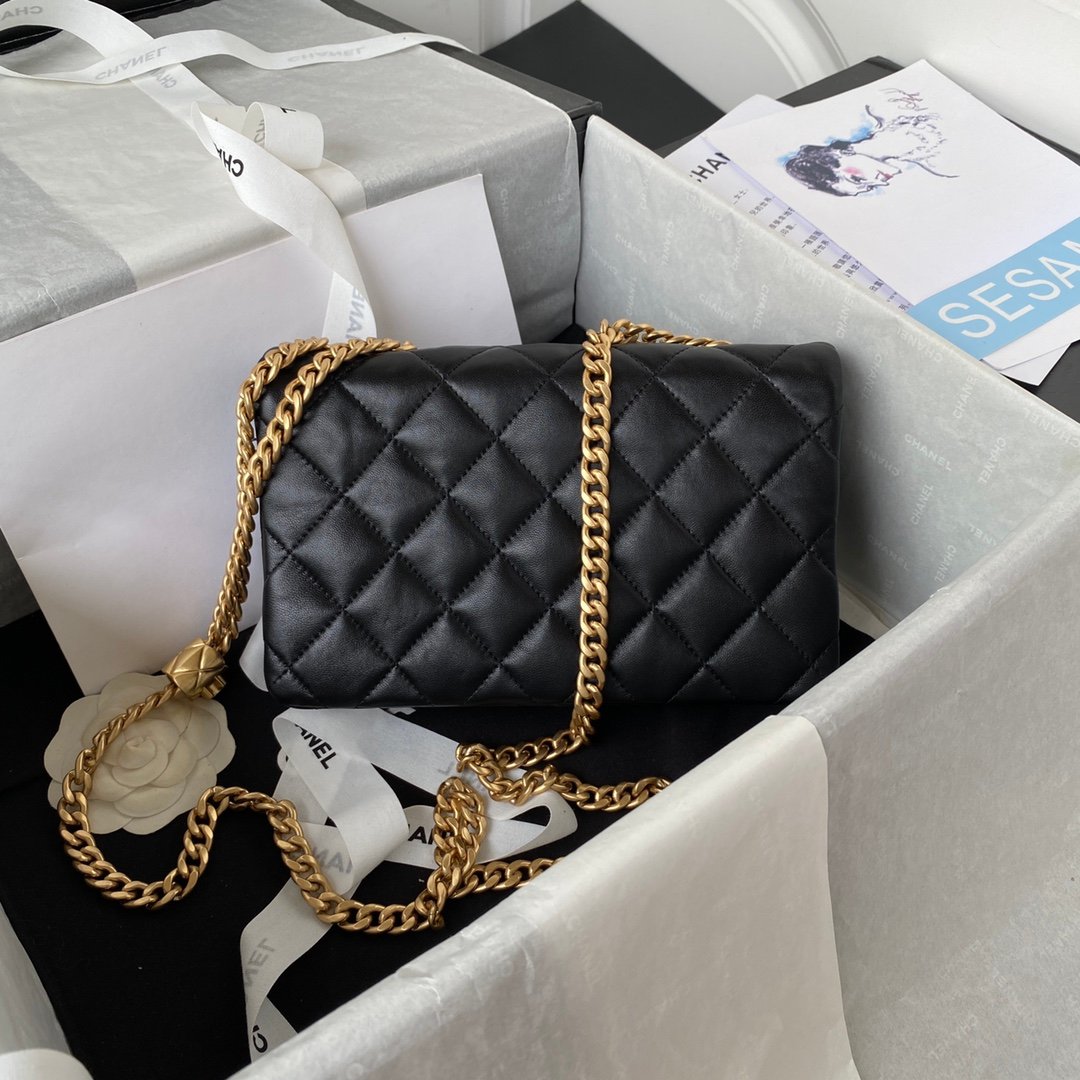 Chanel AS3393 Adjustable Gold Lock Gold Chain Black 22cm Flap Bag