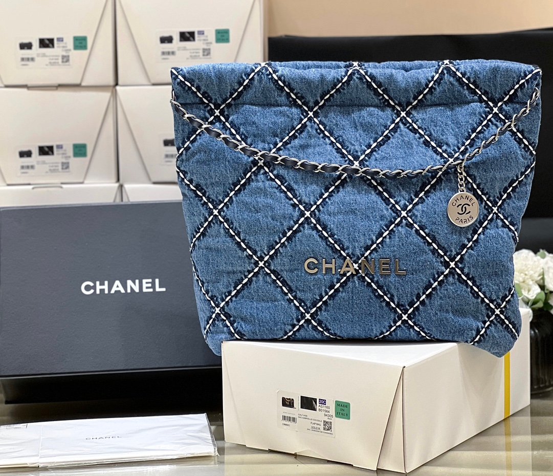 Chanel 22 AS3980 Large Handbag Stitched Denim Silver Tone Metal Blue