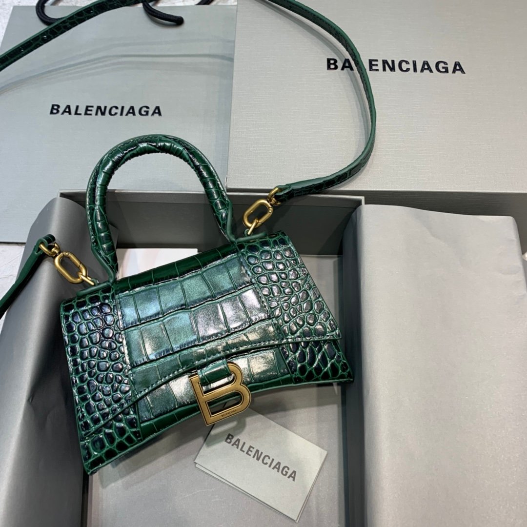 Balenciaga Hourglass 19cm Chain Bag in Shiny Crocodile Embossed Leather Dark Green