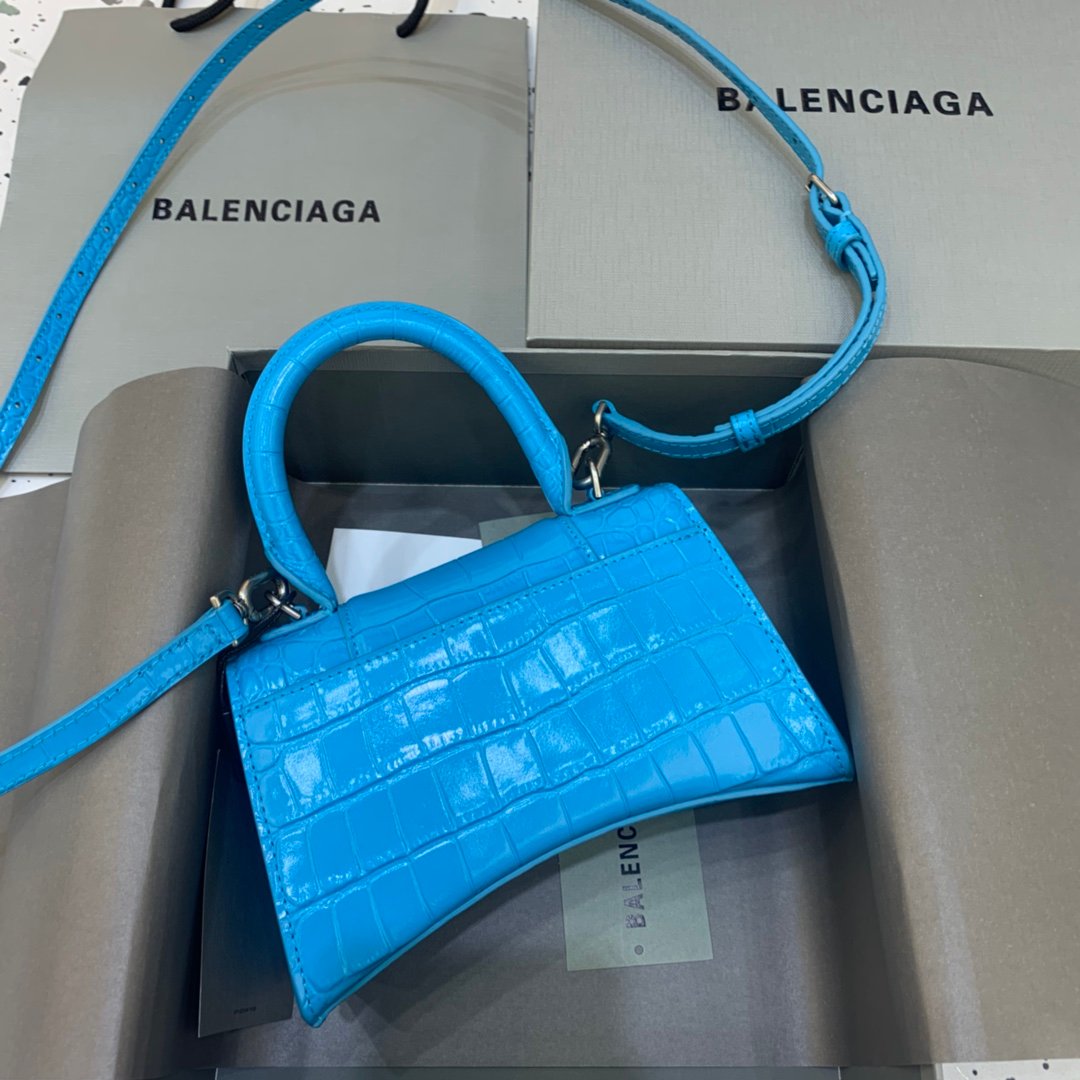Balenciaga Hourglass 19cm Chain Bag in Shiny Crocodile Embossed Leather Blue