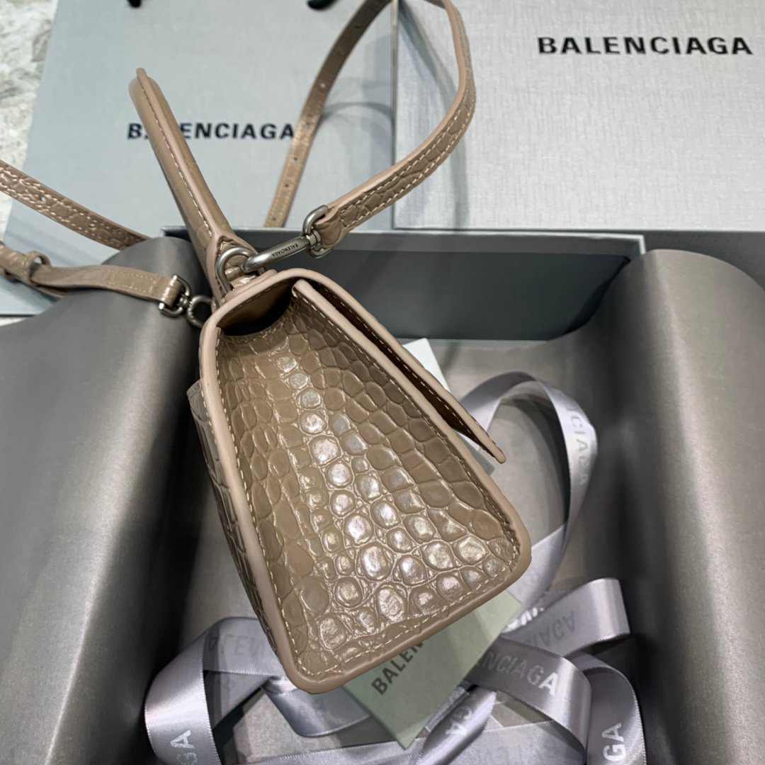 Balenciaga Hourglass 19cm Chain Bag in Back Shiny Crocodile Embossed Leather Coffee