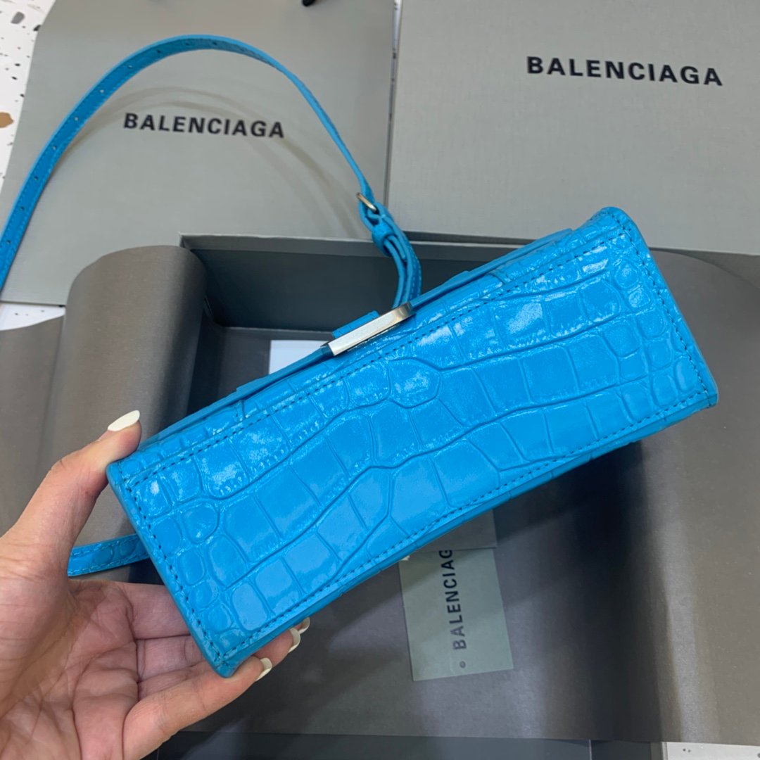 Balenciaga Hourglass 19cm Chain Bag in Shiny Crocodile Embossed Leather Blue