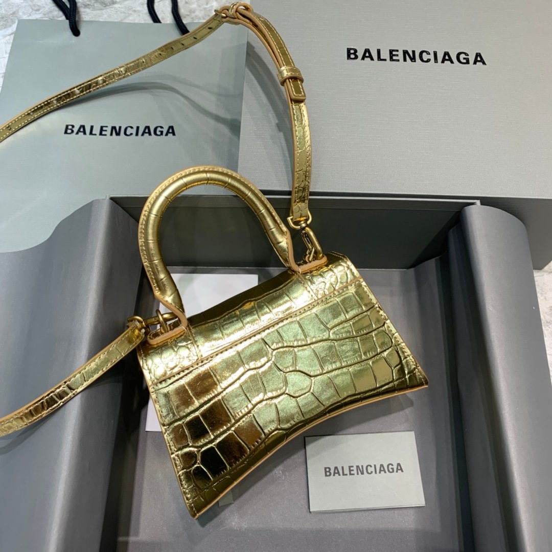 Balenciaga Hourglass 19cm Chain Bag in Shiny Crocodile Embossed Leather Gold