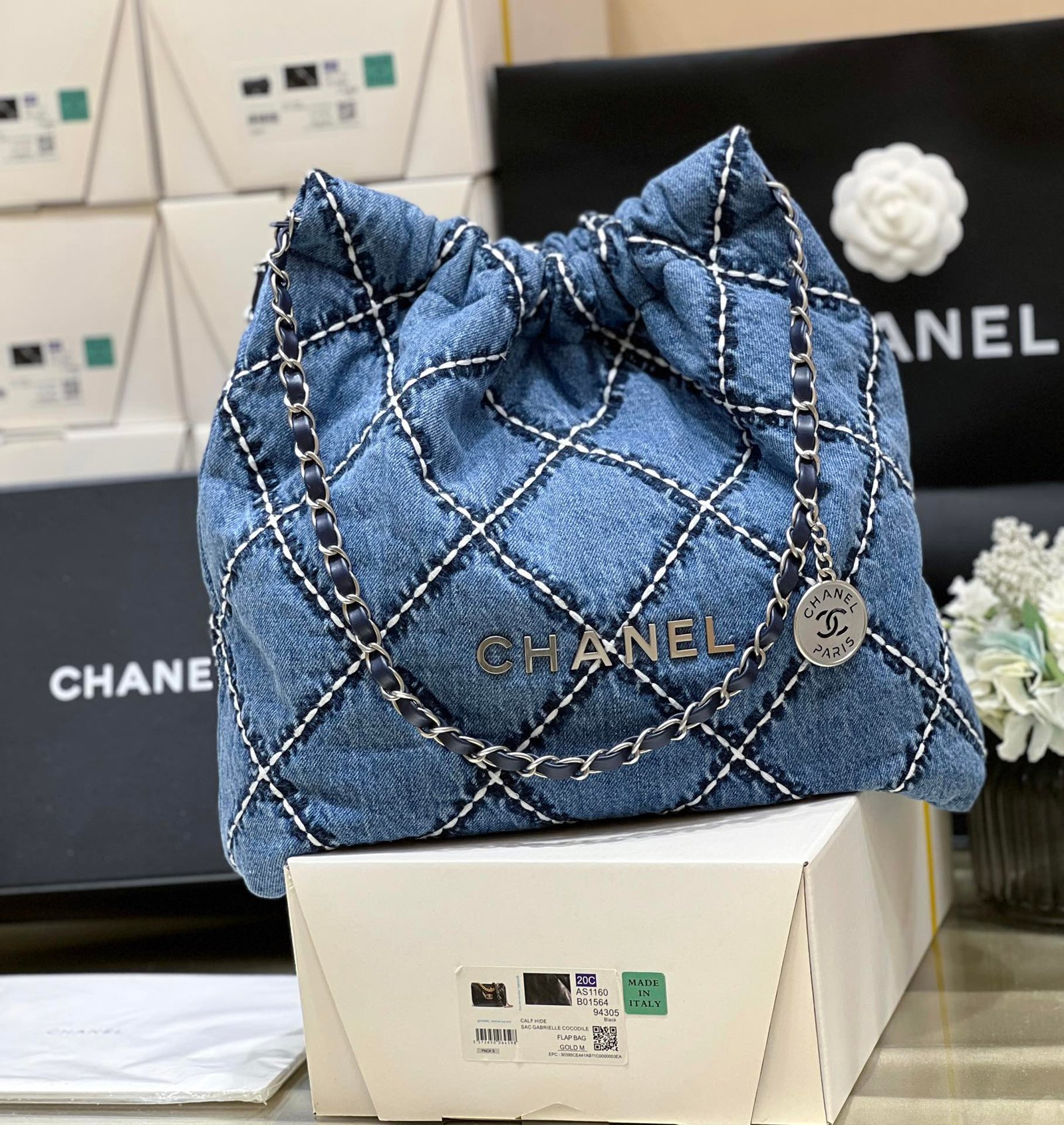Chanel 22 AS3980 Large Handbag Stitched Denim Silver Tone Metal Blue