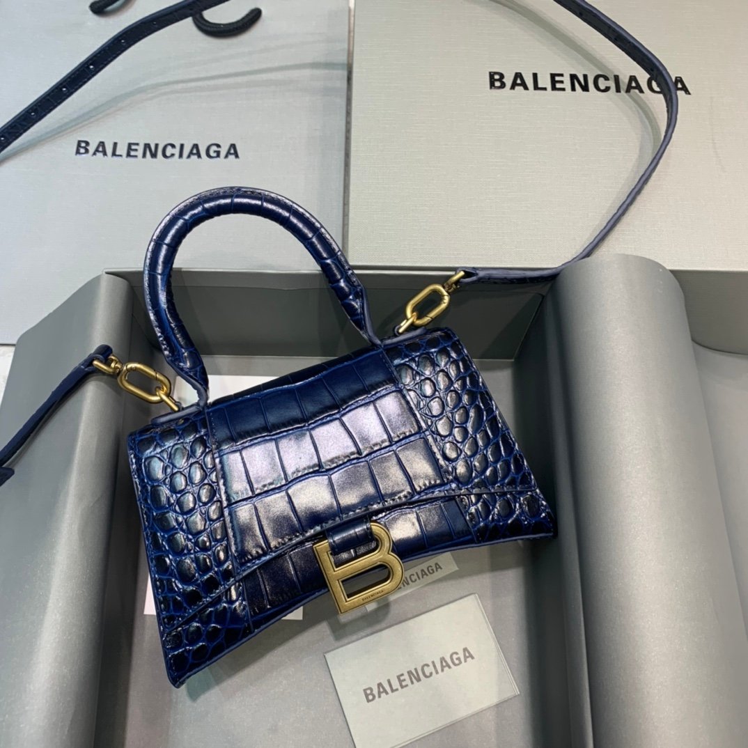 Balenciaga Hourglass 19cm Chain Bag in Shiny Crocodile Embossed Leather Dark Blue