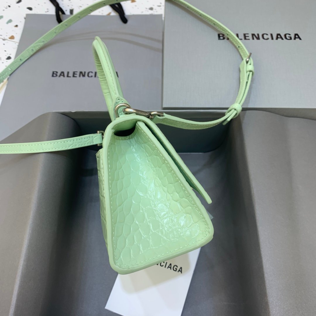 Balenciaga Hourglass 19cm Chain Bag in Back Shiny Crocodile Embossed Leather Light Green