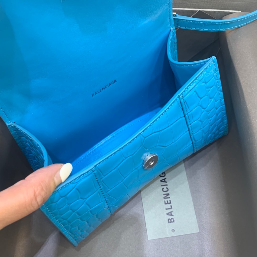 Balenciaga Hourglass 19cm Chain Bag in Shiny Crocodile Embossed Leather Blue