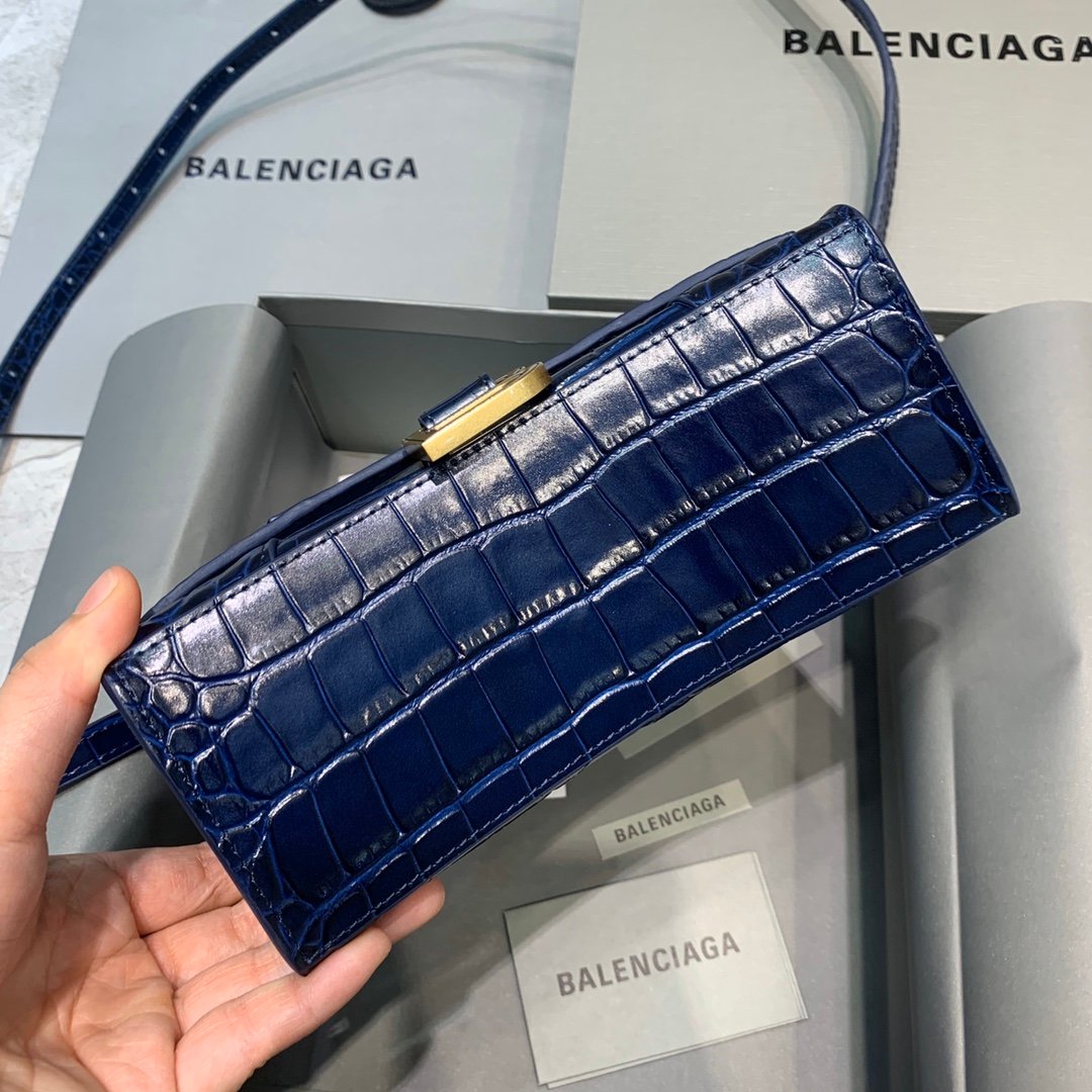 Balenciaga Hourglass 19cm Chain Bag in Shiny Crocodile Embossed Leather Dark Blue