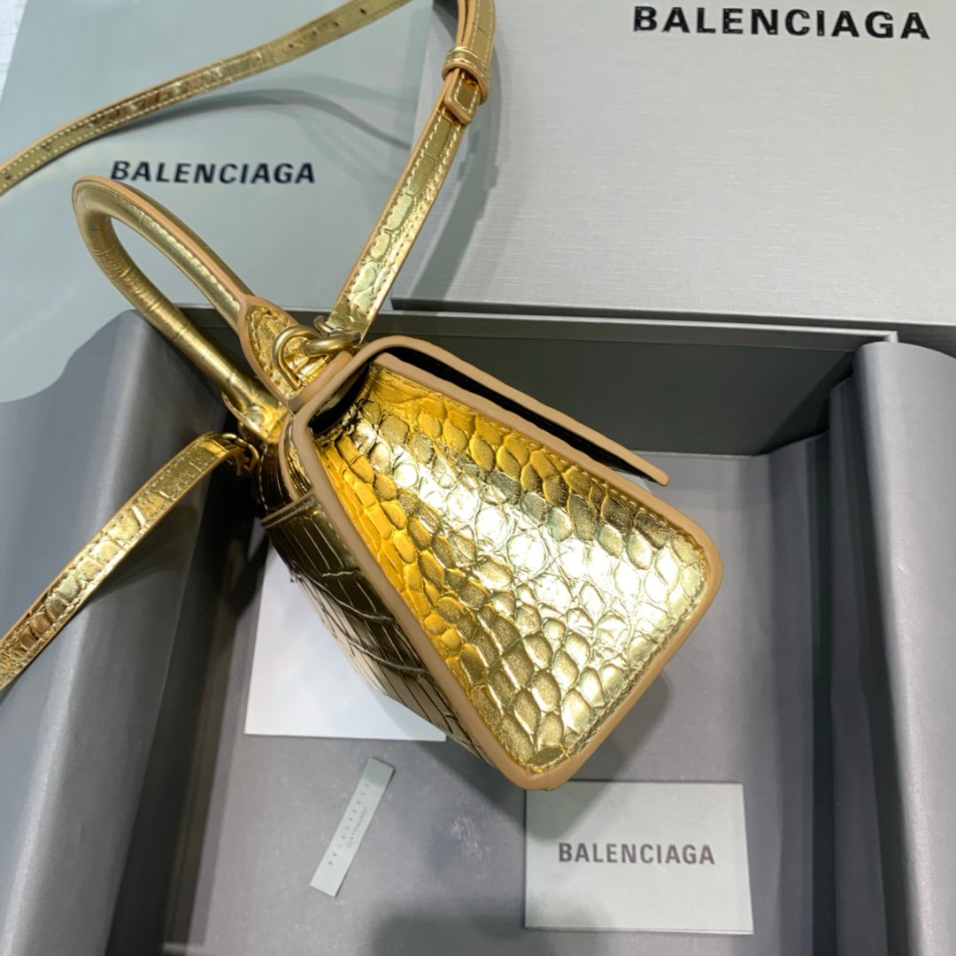 Balenciaga Hourglass 19cm Chain Bag in Shiny Crocodile Embossed Leather Gold