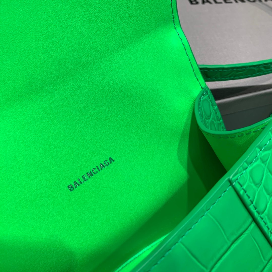 Balenciaga Hourglass 19cm Chain Bag in Back Shiny Crocodile Embossed Leather Green