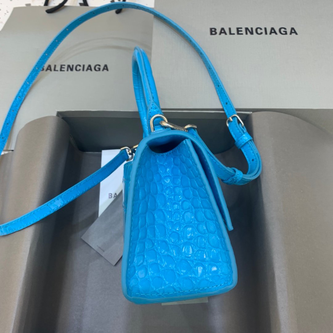 Balenciaga Hourglass 19cm Chain Bag in Shiny Crocodile Embossed Leather Blue