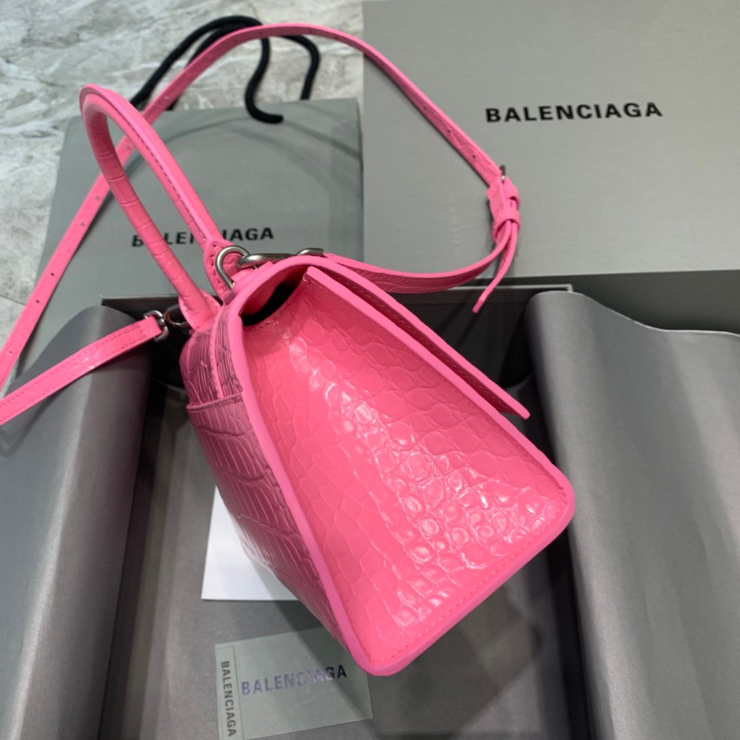 Balenciaga Hourglass 19cm Chain Bag in Shiny Crocodile Embossed Leather Dark Pink