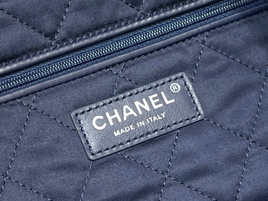 Chanel 22 AS3980 Large Handbag Stitched Denim Silver Tone Metal Blue