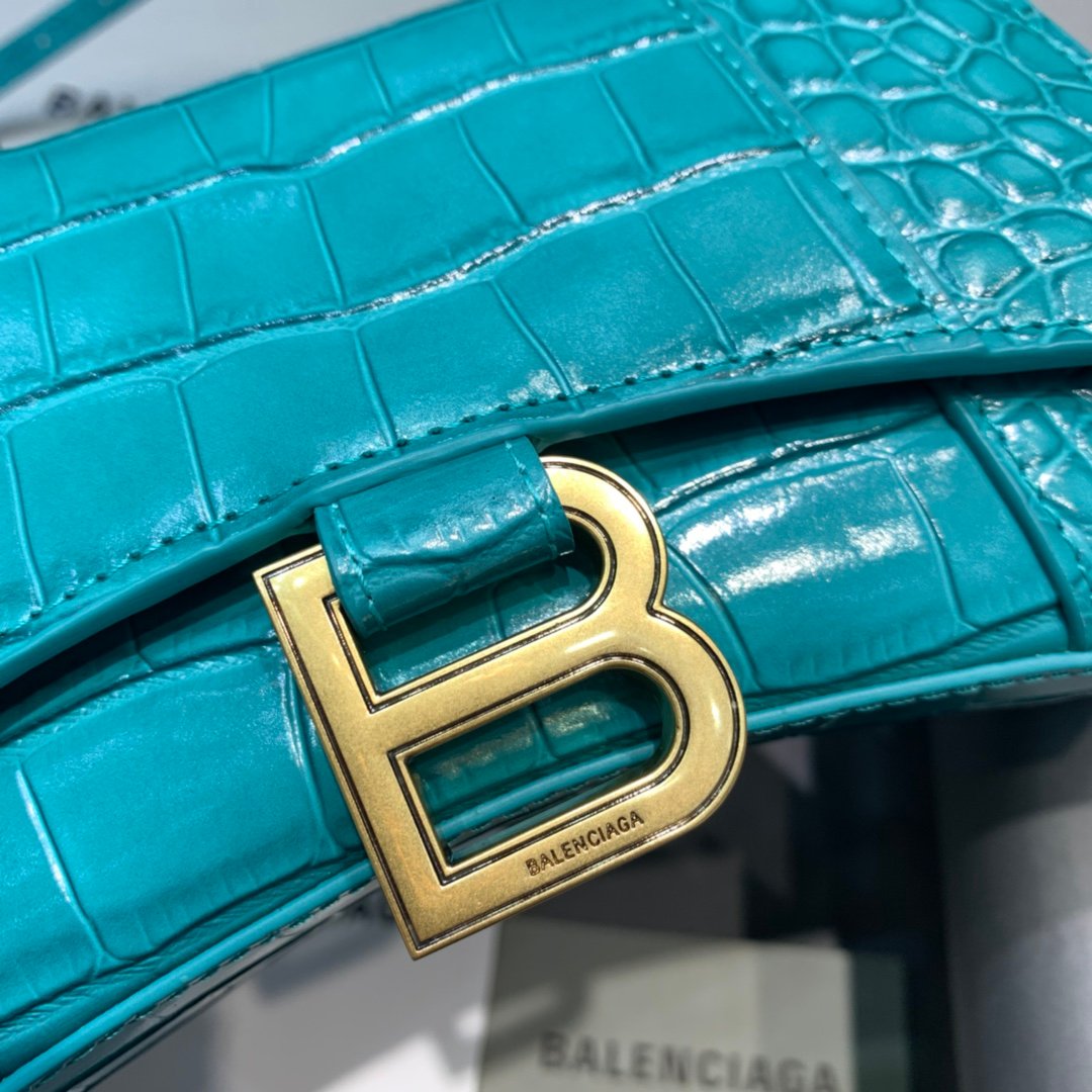 Balenciaga Hourglass 19cm Chain Bag in Shiny Crocodile Embossed Leather Maca Blue