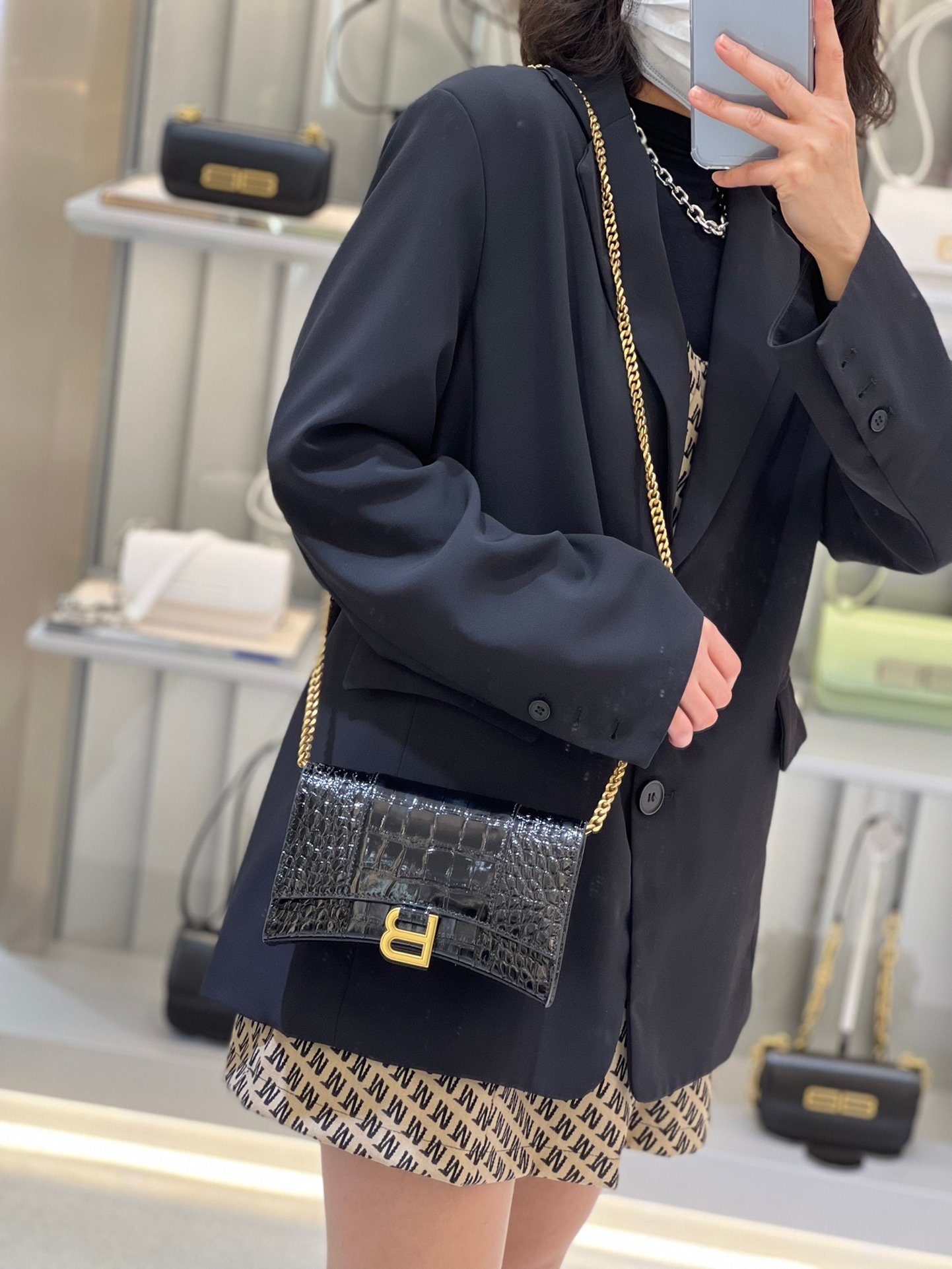 Balenciaga Womens Hourglass Wallet With Chain In Black Shiny Crocodile Embossed Calfskin