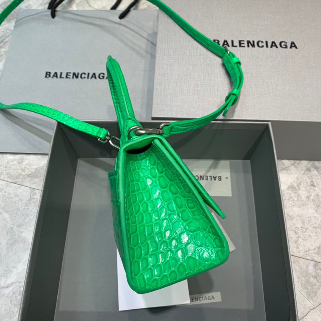 Balenciaga Hourglass 19cm Chain Bag in Back Shiny Crocodile Embossed Leather Green