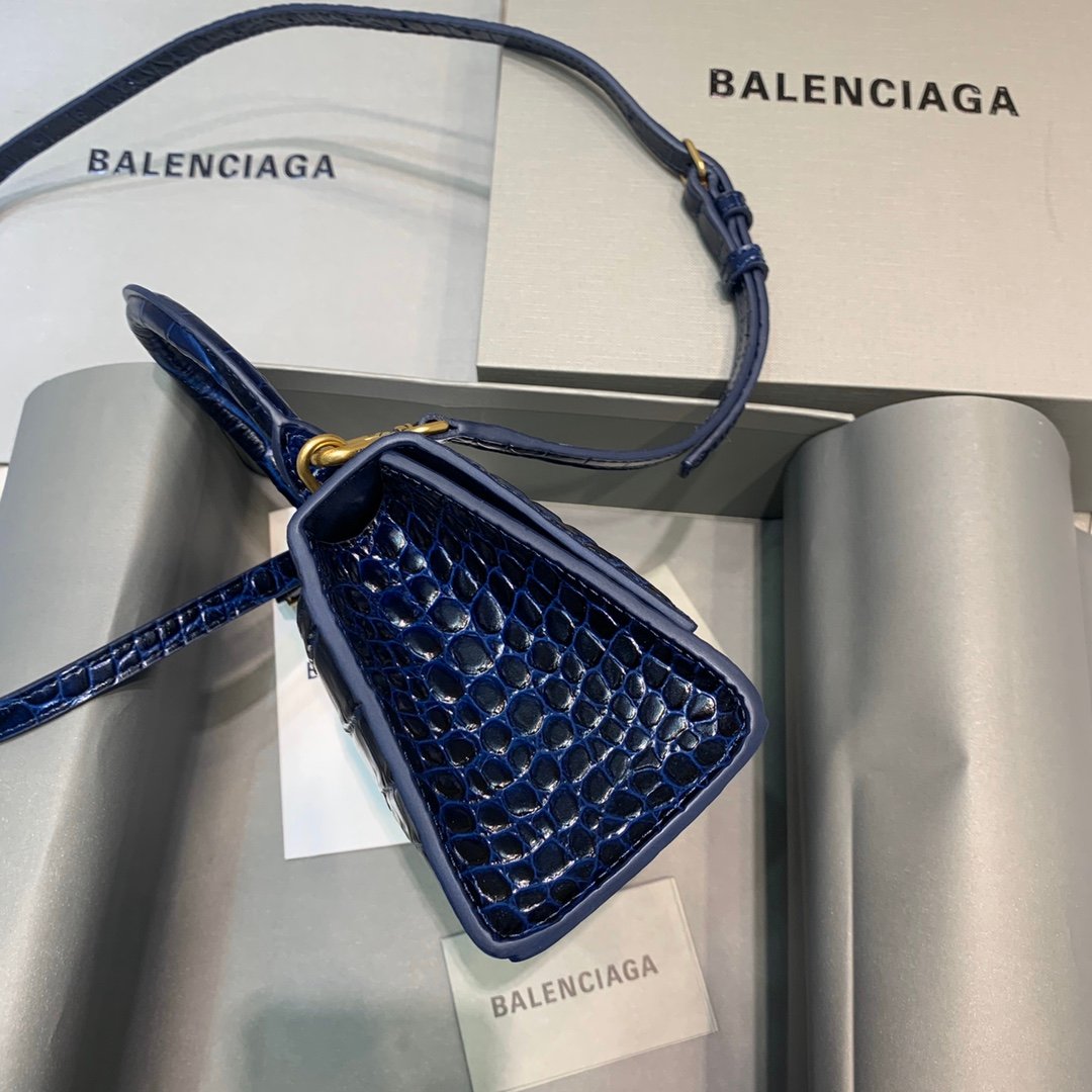 Balenciaga Hourglass 19cm Chain Bag in Shiny Crocodile Embossed Leather Dark Blue