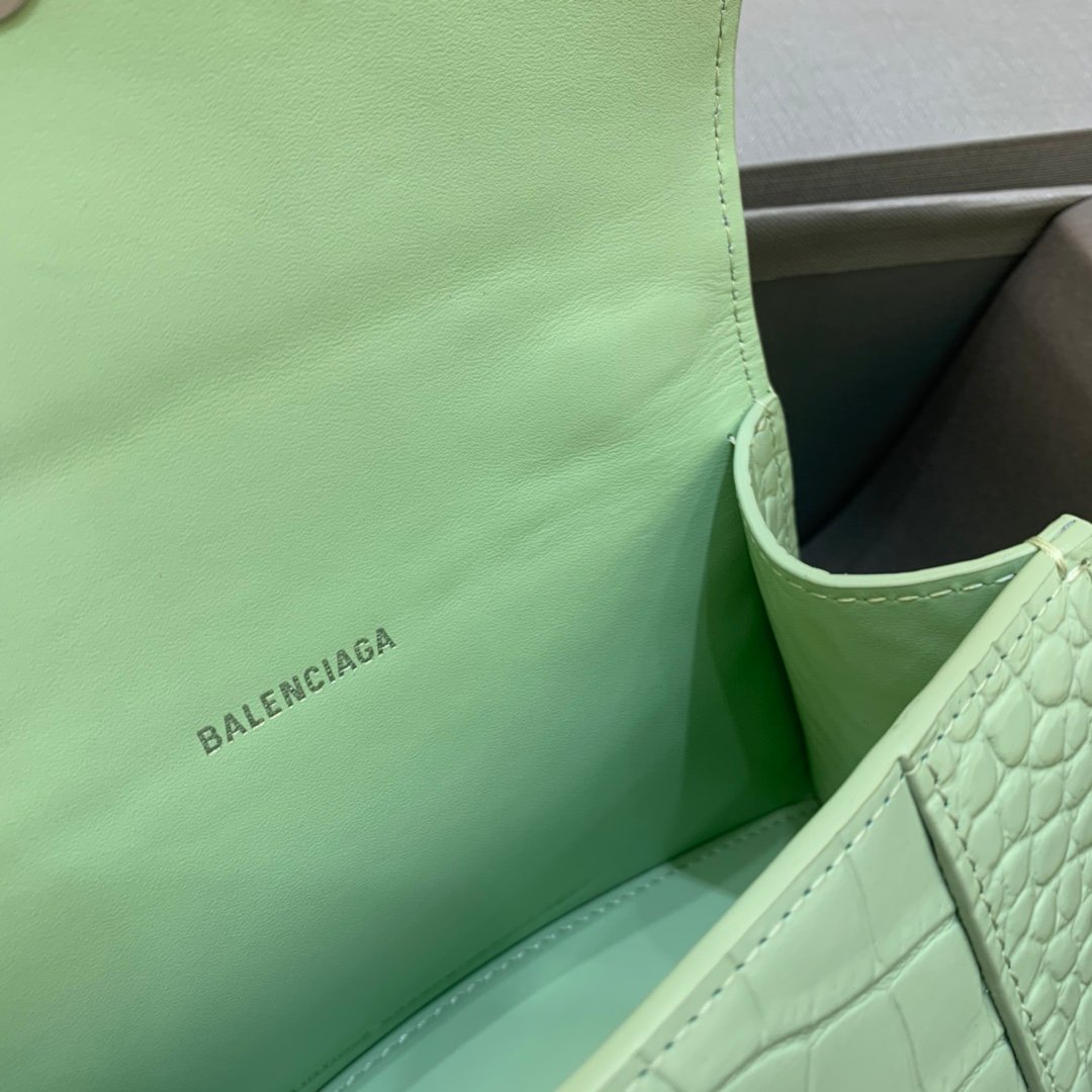Balenciaga Hourglass 19cm Chain Bag in Back Shiny Crocodile Embossed Leather Light Green