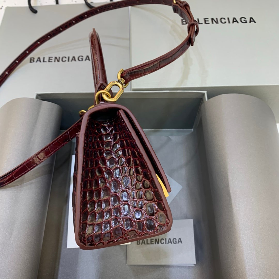Balenciaga Hourglass 19cm Chain Bag in Shiny Crocodile Embossed Leather Maroon
