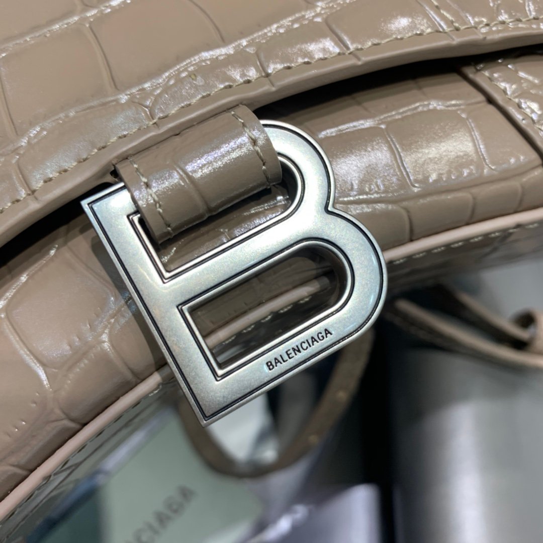 Balenciaga Hourglass 19cm Chain Bag in Back Shiny Crocodile Embossed Leather Coffee