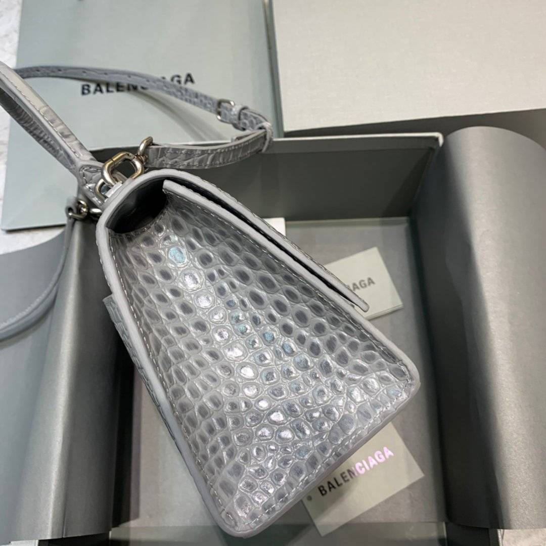 Balenciaga Hourglass 19cm Chain Bag in Shiny Crocodile Embossed Leather Light Gray