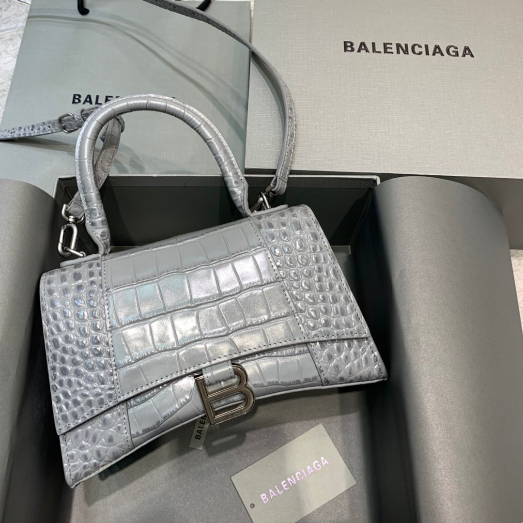 Balenciaga Hourglass 19cm Chain Bag in Shiny Crocodile Embossed Leather Light Gray