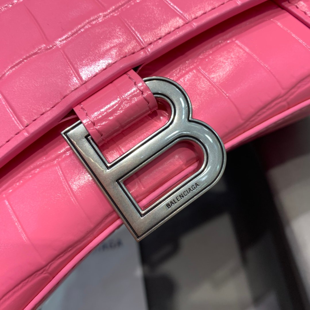 Balenciaga Hourglass 19cm Chain Bag in Shiny Crocodile Embossed Leather Dark Pink
