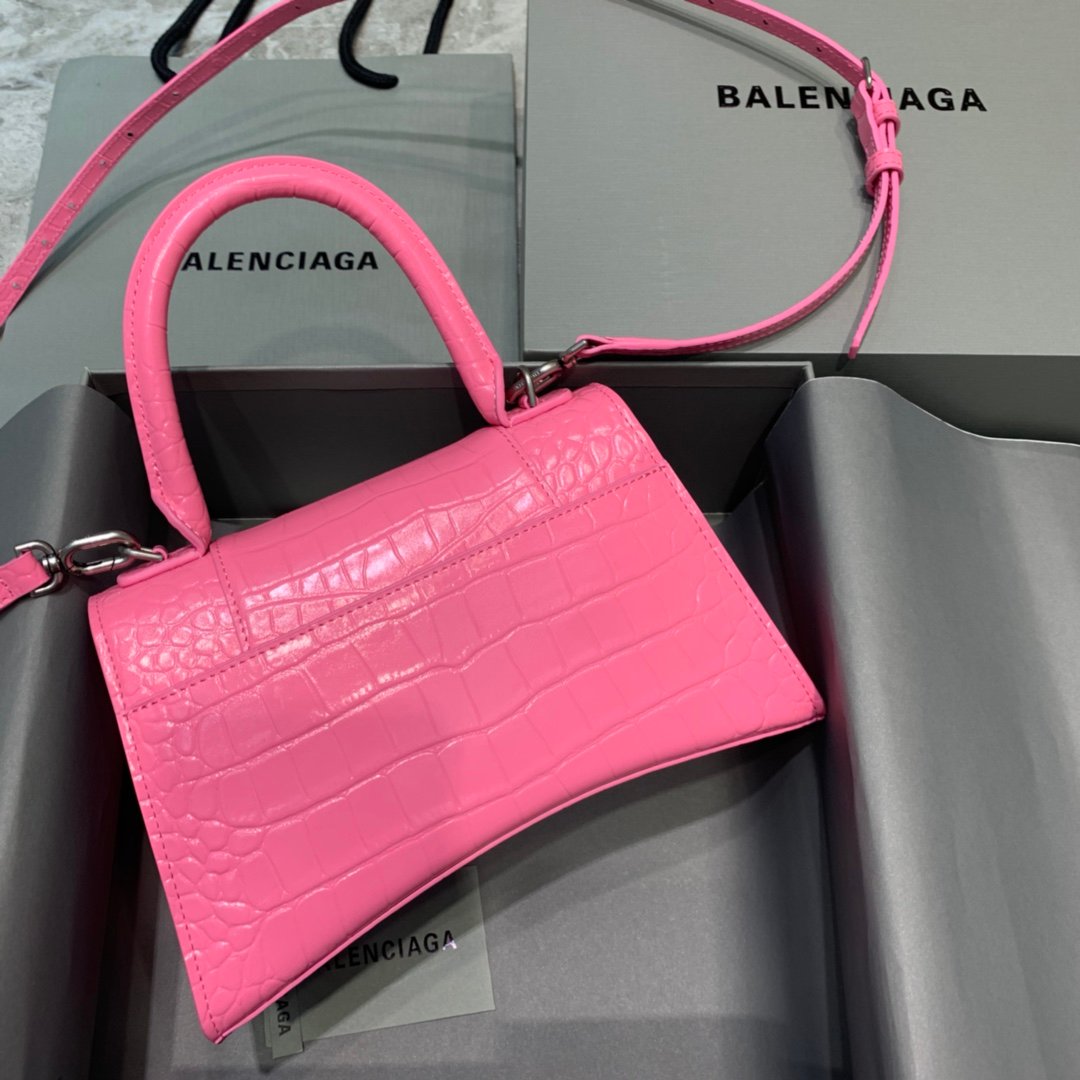 Balenciaga Hourglass 19cm Chain Bag in Shiny Crocodile Embossed Leather Dark Pink