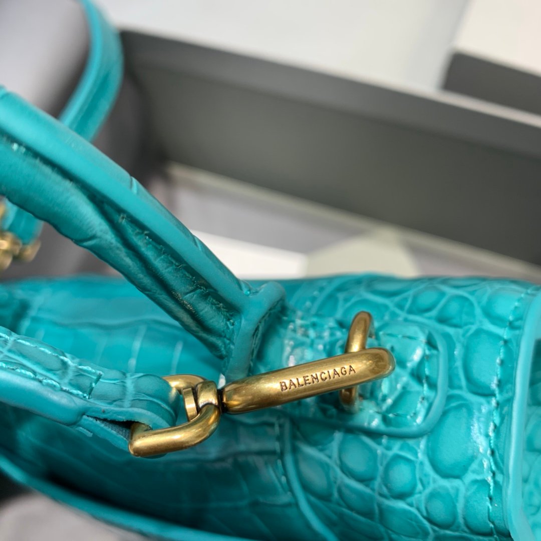 Balenciaga Hourglass 19cm Chain Bag in Shiny Crocodile Embossed Leather Maca Blue
