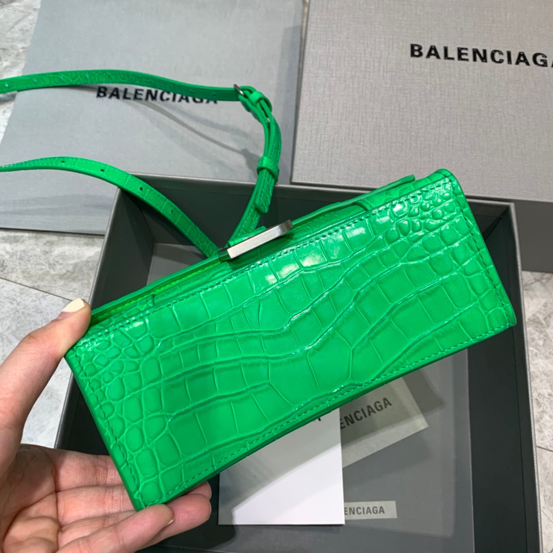 Balenciaga Hourglass 19cm Chain Bag in Back Shiny Crocodile Embossed Leather Green