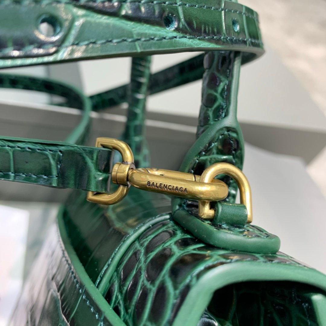 Balenciaga Hourglass 19cm Chain Bag in Shiny Crocodile Embossed Leather Dark Green