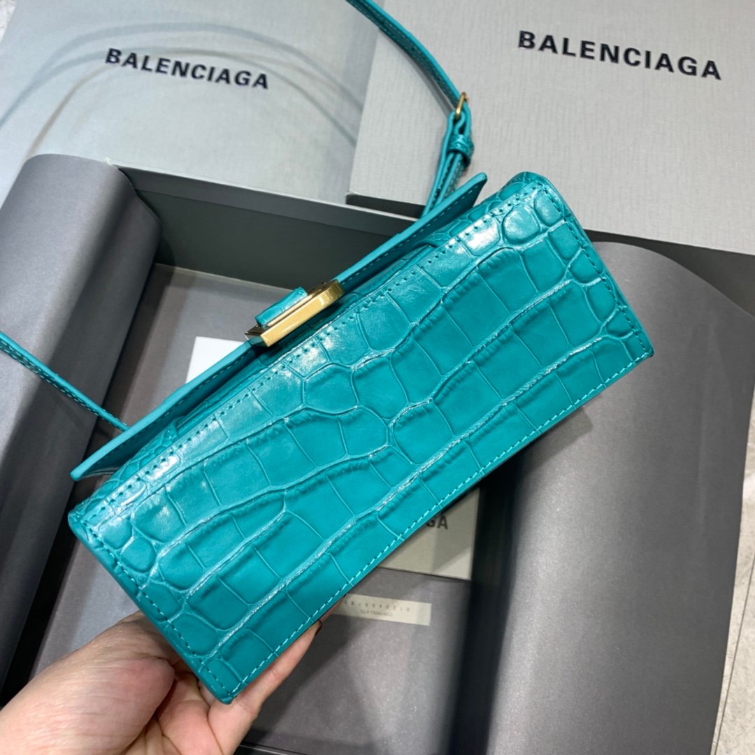 Balenciaga Hourglass 19cm Chain Bag in Shiny Crocodile Embossed Leather Maca Blue
