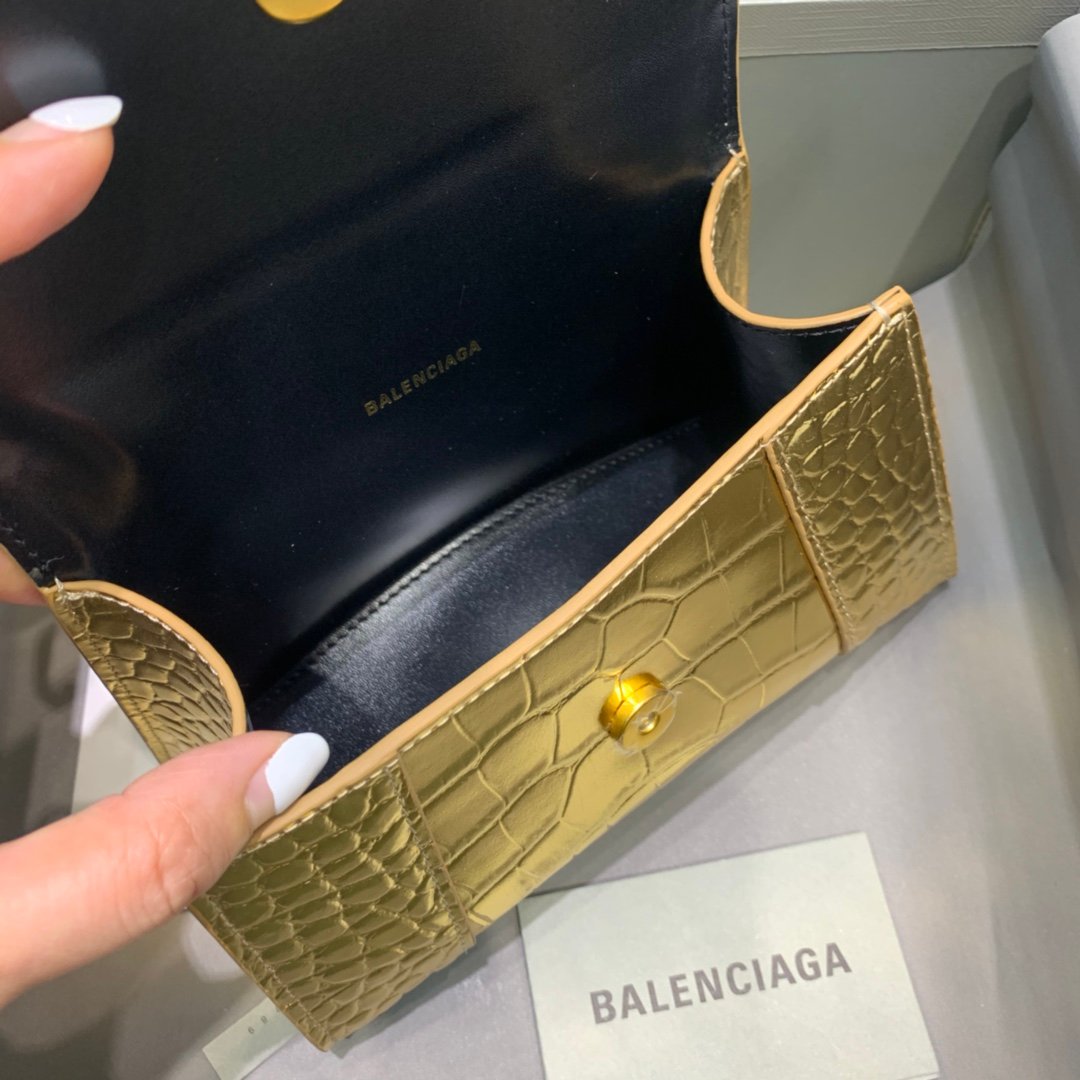 Balenciaga Hourglass 19cm Chain Bag in Shiny Crocodile Embossed Leather Gold