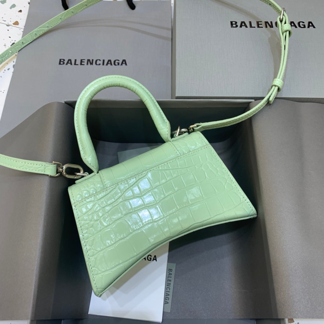 Balenciaga Hourglass 19cm Chain Bag in Back Shiny Crocodile Embossed Leather Light Green