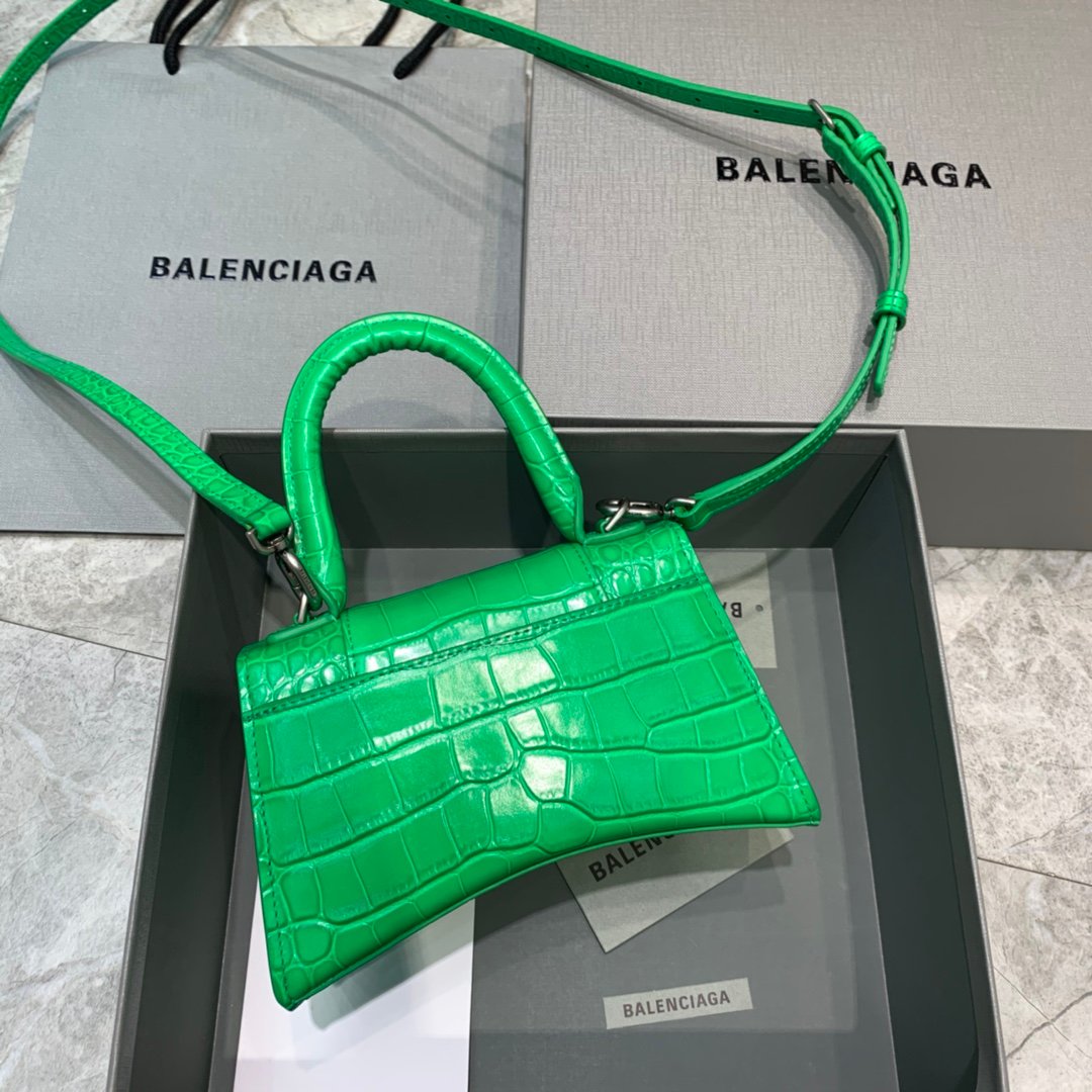 Balenciaga Hourglass 19cm Chain Bag in Back Shiny Crocodile Embossed Leather Green