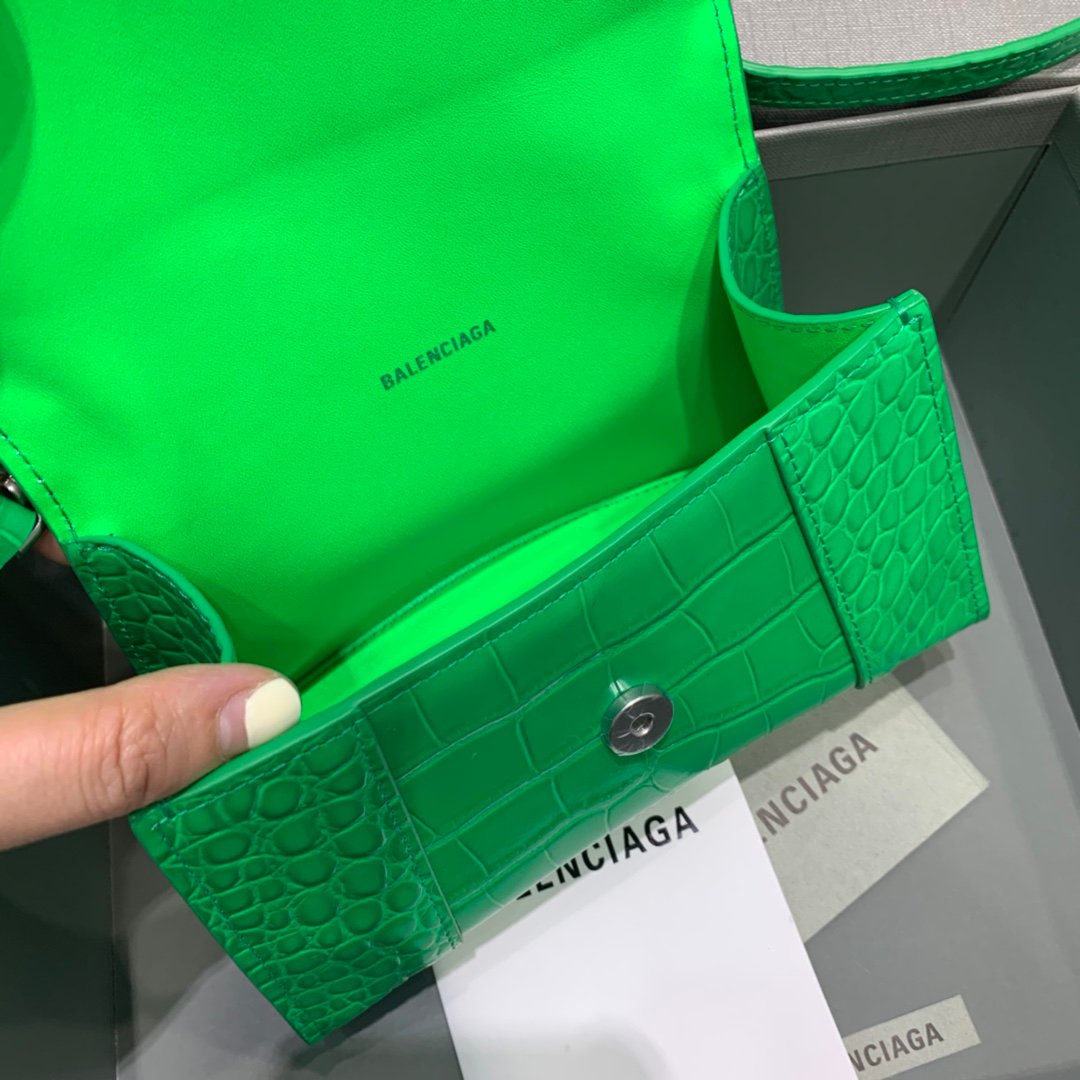 Balenciaga Hourglass 19cm Chain Bag in Back Shiny Crocodile Embossed Leather Green